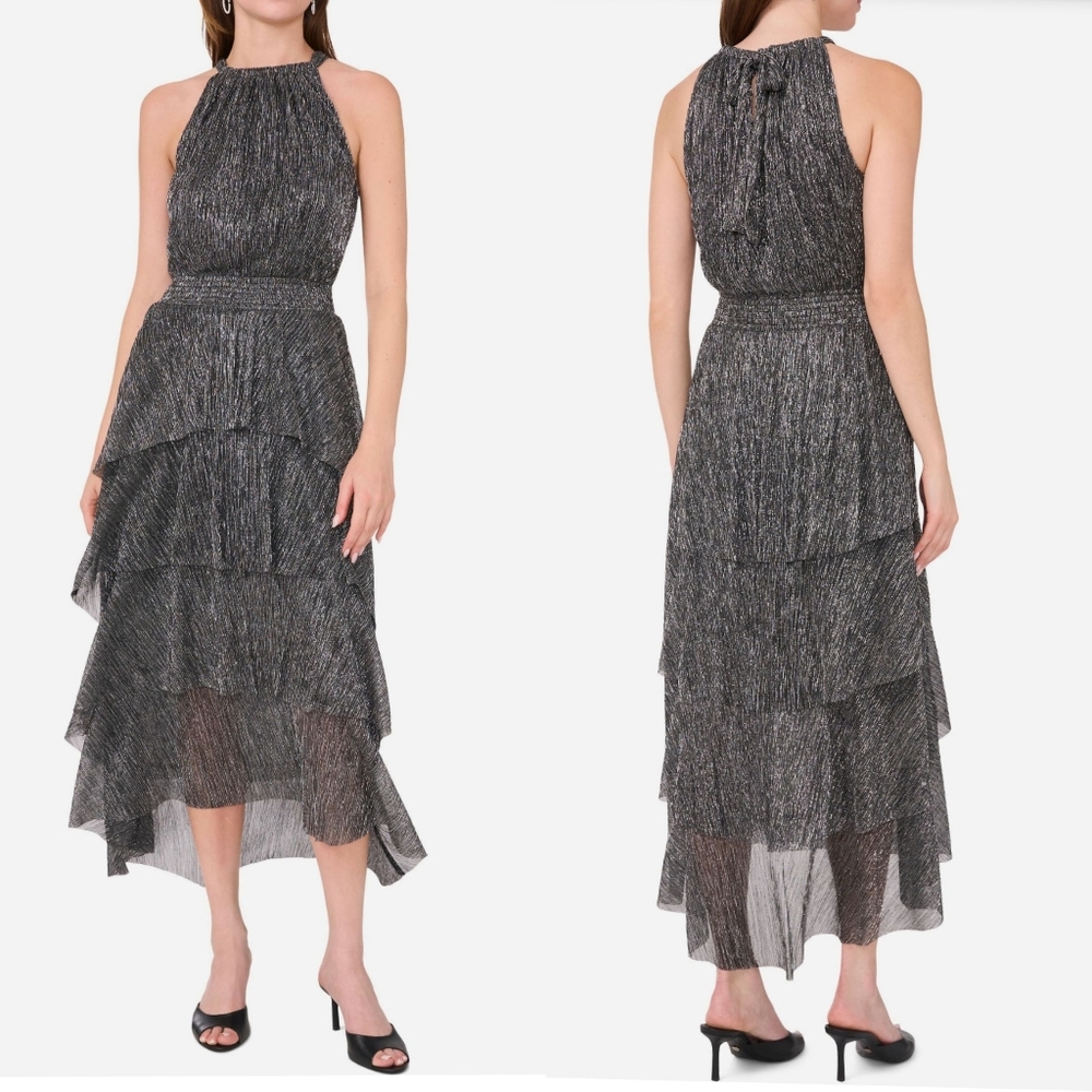 Halogen Plisse'‎ Metallic Tiered Midi Cocktail Dress in Silver and Black NEW
